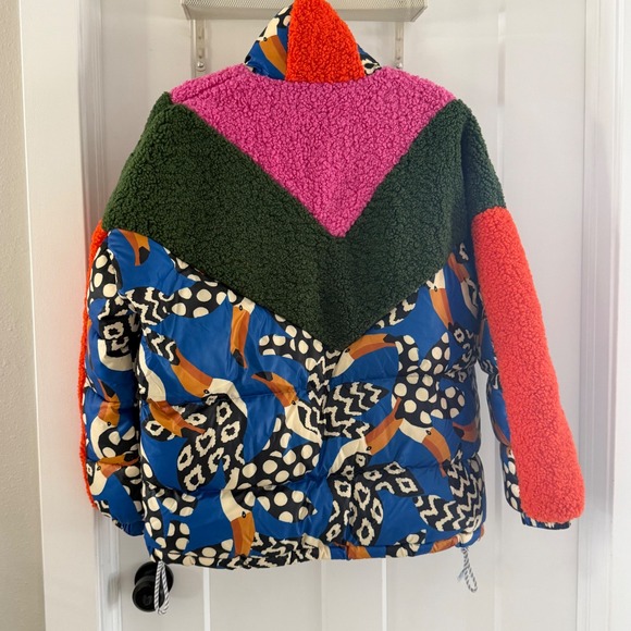 Farm Rio Colorful Tucano Puffer Jacket Mixed Sherpa Fleece S Blue Multi Zip Up - Picture 3 of 7